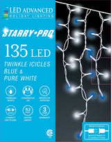 A box of 135 blue and pure white twinkling icicle lights.