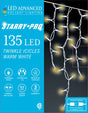 A box of 135 warm white twinkling LED icicle lights.