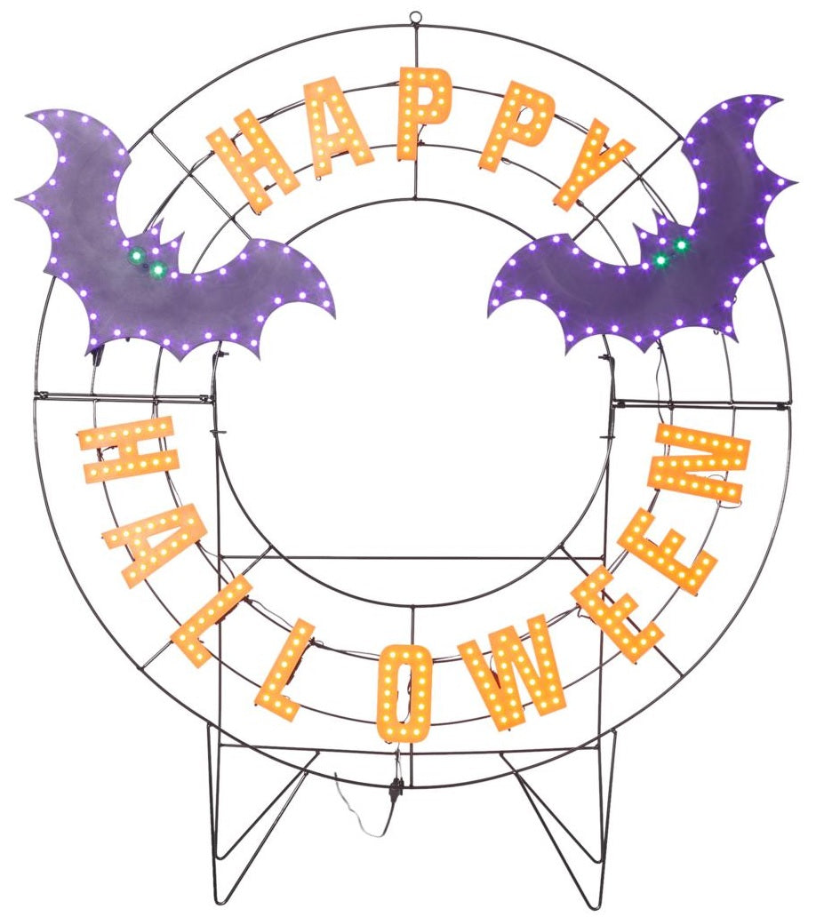 LED Halloween decoration pre-lit with warm white and purple lights. Wire is shaped like a wreath and reads "HAPPY HALLOWEEN" and features two purple bats.