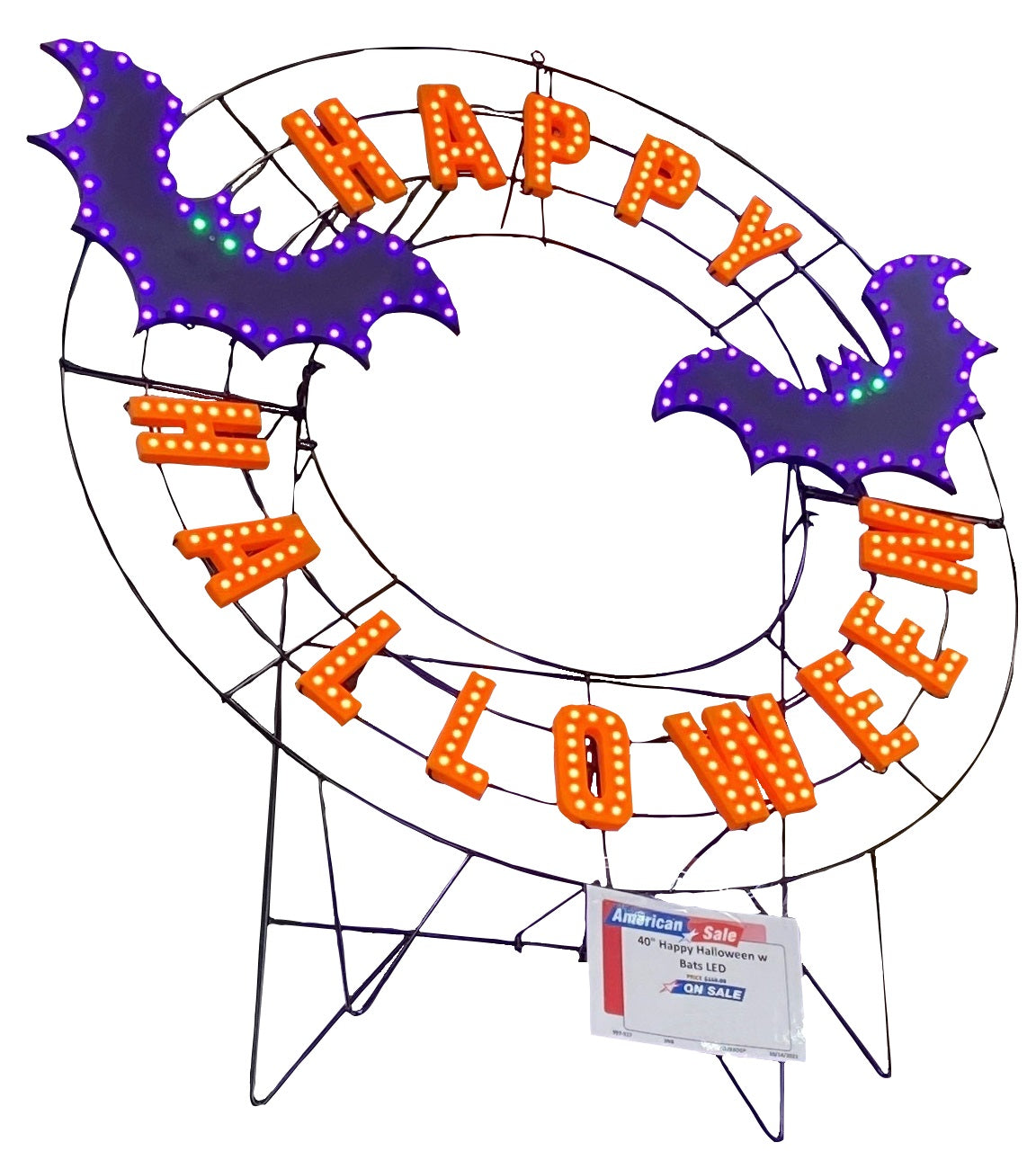 LED Halloween decoration pre-lit with warm white and purple lights. Wire is shaped like a wreath and reads "HAPPY HALLOWEEN" and features two purple bats.