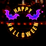 LED Halloween decoration pre-lit with warm white and purple lights. Wire is shaped like a wreath and reads "HAPPY HALLOWEEN" and features two purple bats.