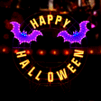 LED Halloween decoration pre-lit with warm white and purple lights. Wire is shaped like a wreath and reads "HAPPY HALLOWEEN" and features two purple bats.