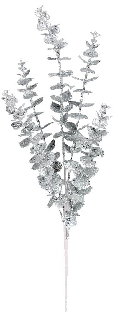 Pick spray designed to look like eucalyptus leaves covered in silver glitter.