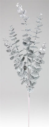Pick spray designed to look like eucalyptus leaves covered in silver glitter.