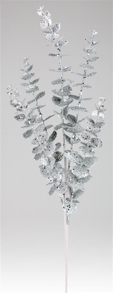 Pick spray designed to look like eucalyptus leaves covered in silver glitter.