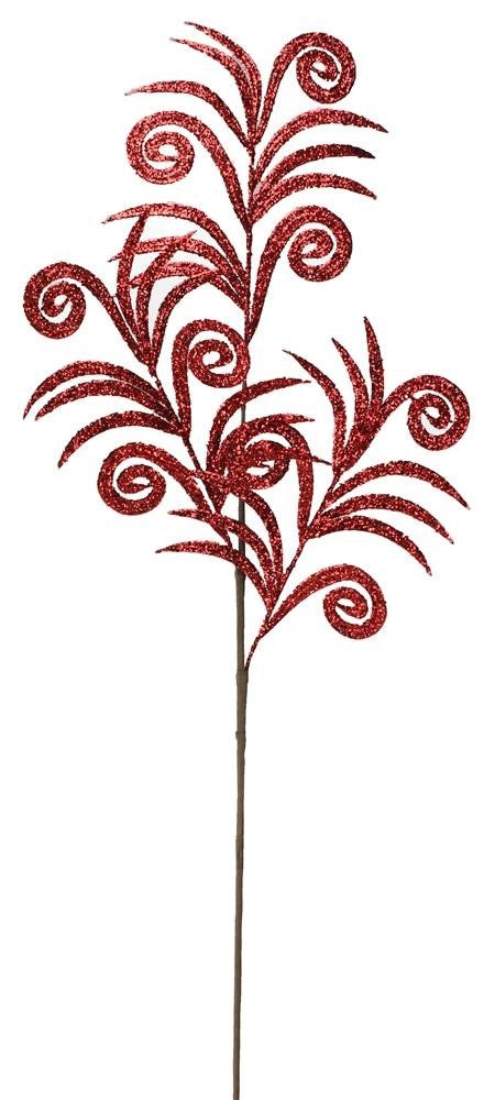 Red glittery pick spray for decorating. There are swirls and leaves. 