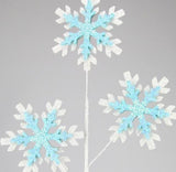 Pick spray designed to look like it has three glitter snowflakes. The snowflakes are white and light blue glitter.
