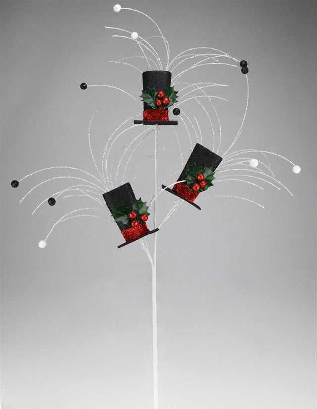 Pick spray for a centerpiece, wreath or tree. Designed to look like white glittery needles with white and black beads at their tips. There are also three black top hats with holly leaves and berries.