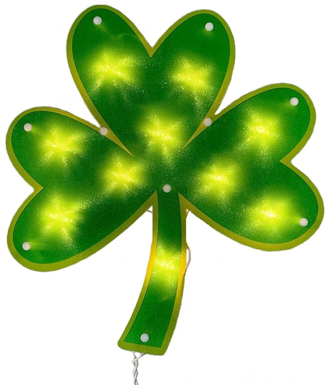 Lighted decoration shaped like a green shamrock.