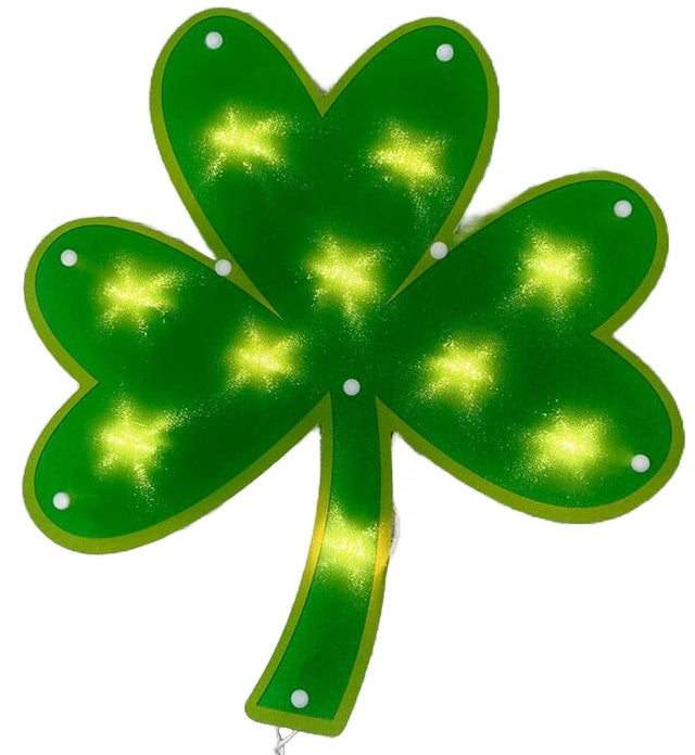 Lighted decoration shaped like a green shamrock.