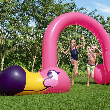 11 ft. inflatable arch sprinkler shaped like a pink flamingo.