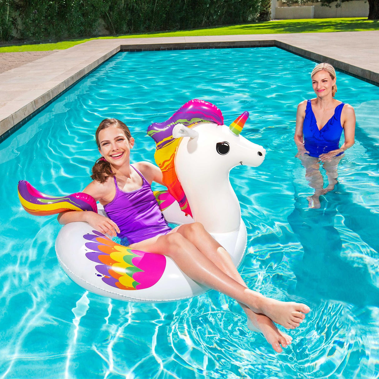 Inner tube for kids shaped like a rainbow, unicorn.