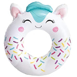 This image shows the horse inner tube option. The swim ring is white with multi-colored sprinkles at the bottom. Inside the ears are pink. The horse's mane is a teal color and it has rosy pink cheeks.
