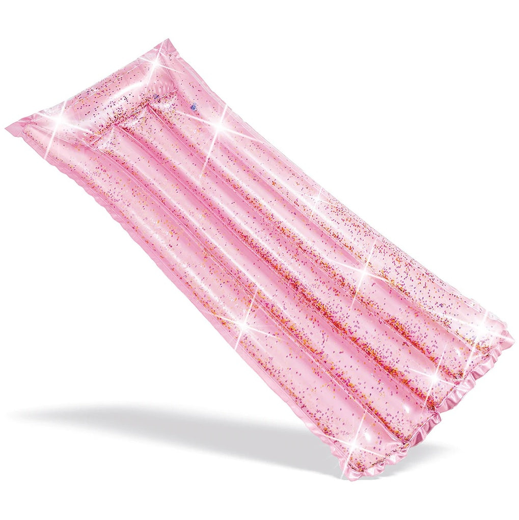 Pink and glittery inflatable pool mattress.