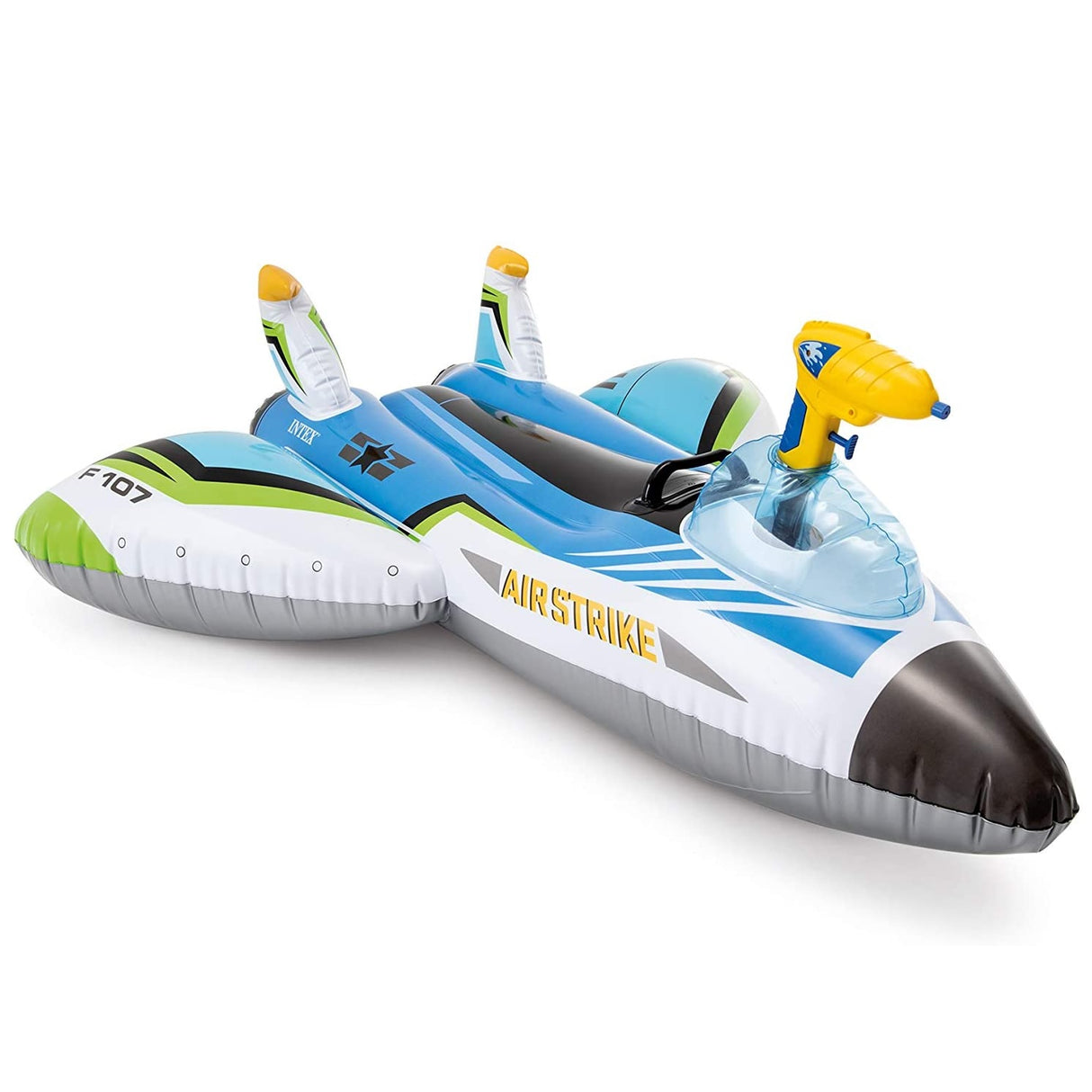Inflatable shaped like a jet plane. The inflatable comes with a squirt gun.