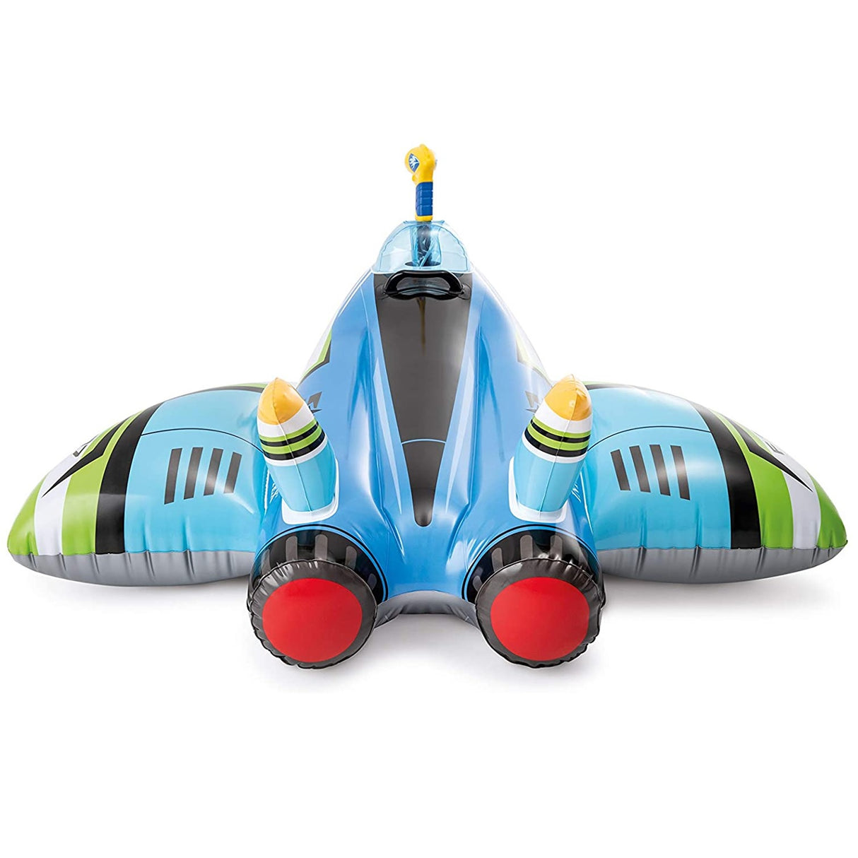 Inflatable shaped like a jet plane. The inflatable comes with a squirt gun.