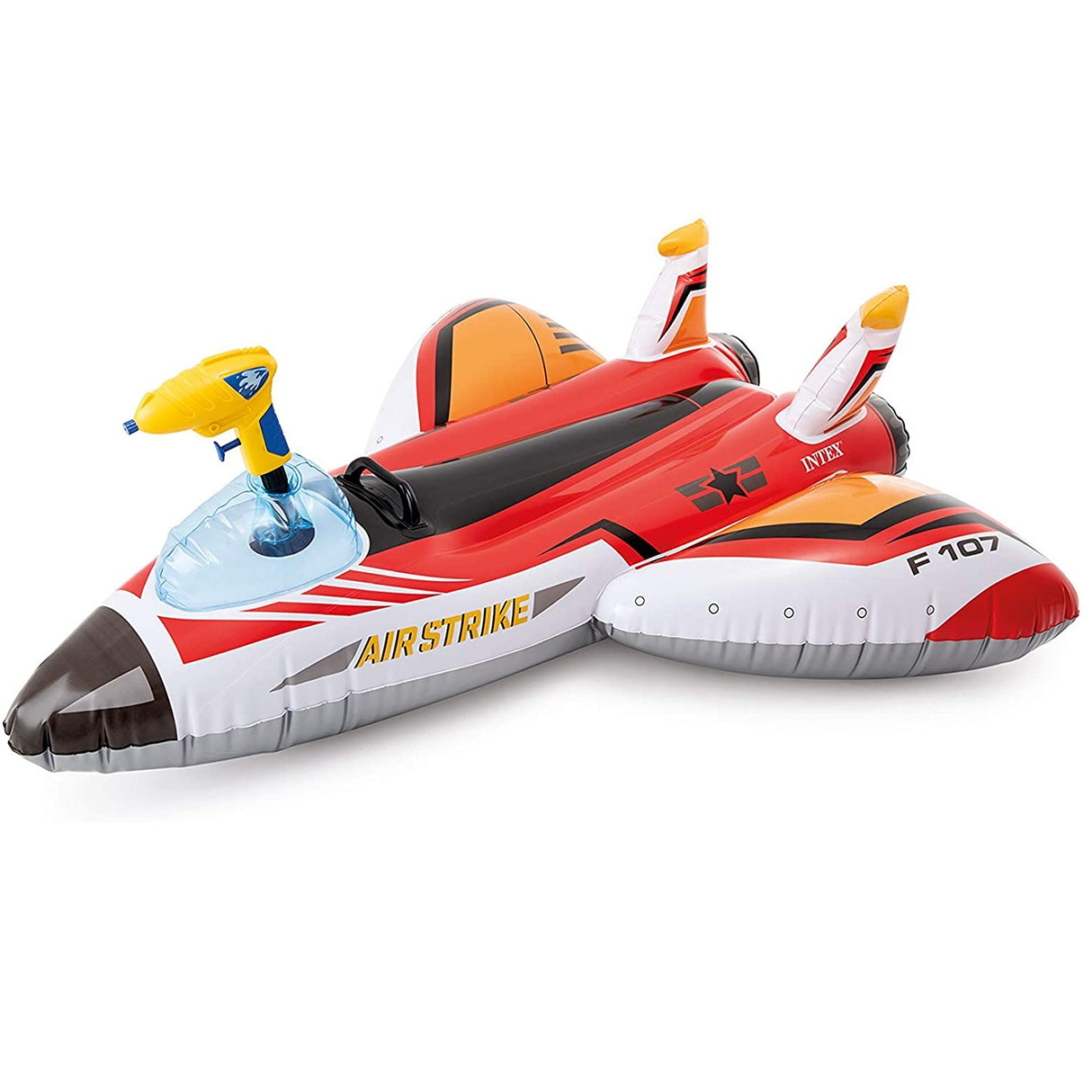 Inflatable shaped like a jet plane. The inflatable comes with a squirt gun.