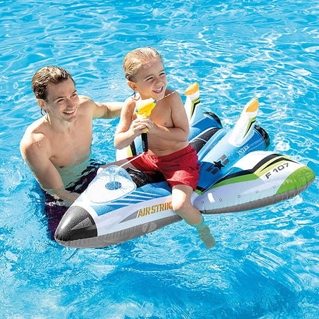 Inflatable shaped like a jet plane. The inflatable comes with a squirt gun.