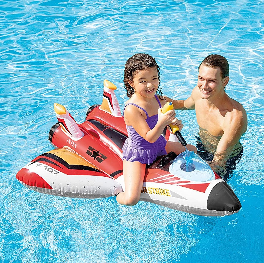 Inflatable shaped like a jet plane. The inflatable comes with a squirt gun.