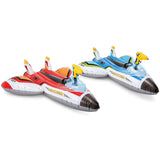 Inflatable shaped like a jet plane. The inflatable comes with a squirt gun.