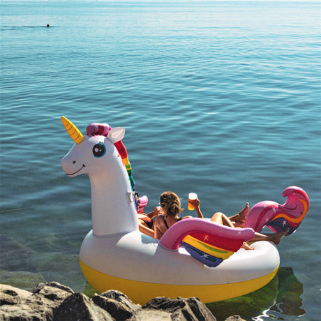 8 ft. long inflatable pool float shaped like a rainbow unicorn.