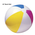 Inflatable beach ball. Colors are white, pink, blue and yellow.