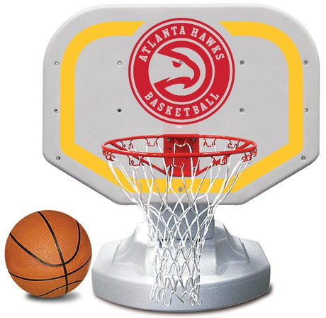 Pool basketball hoop with a Atlanta Hawks logo on it.