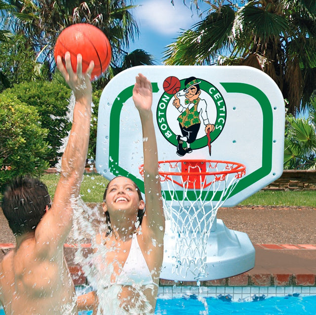 Pool basketball hoop with a Boston Celtics logo on it.