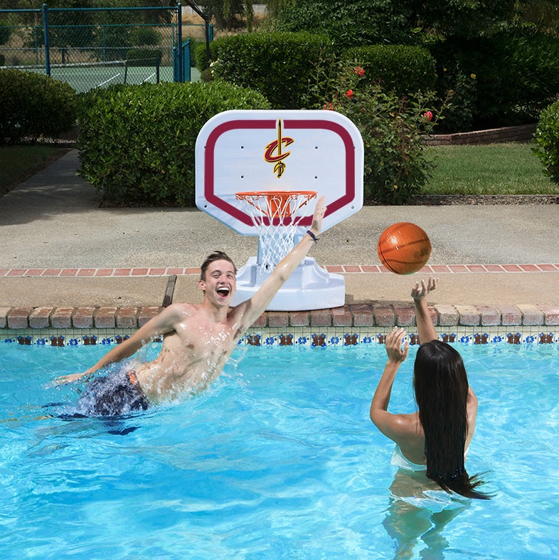 Pool basketball hoop with a Cleveland Cavaliers logo on it.