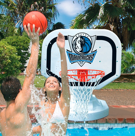 Pool basketball hoop with a Dallas Mavericks logo on it.