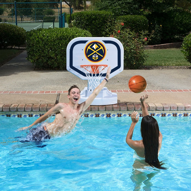 Pool basketball hoop with a Denver Nuggets logo on it.