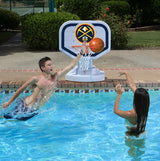 Pool basketball hoop with a Denver Nuggets logo on it.