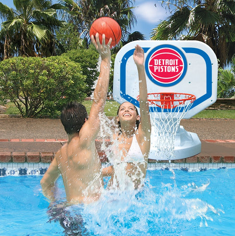 Pool basketball hoop with a Detroit Pistons logo on it.
