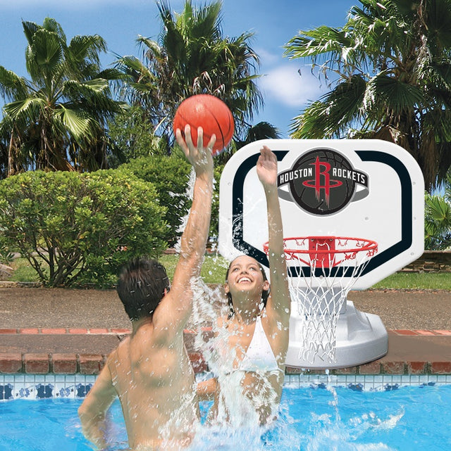 Pool basketball hoop with a Houston Rockets logo on it.