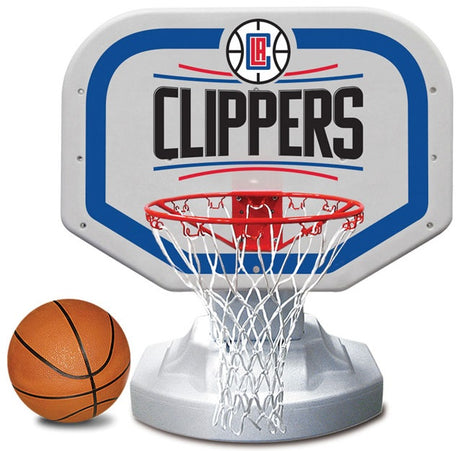 Pool basketball hoop with a Los Angeles Clippers logo on it.