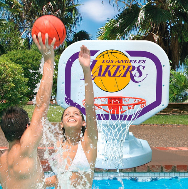 Pool basketball hoop with a Los Angeles Lakers logo on it.
