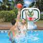 Pool basketball hoop with a Milwaukee Bucks logo on it.