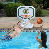 Pool basketball hoop with a Milwaukee Bucks logo on it.