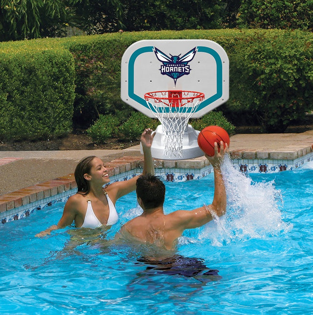 Pool basketball hoop with a Charlotte Hornets logo on it.