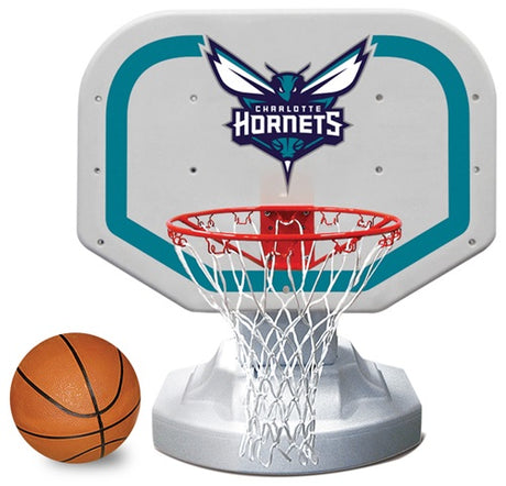 Pool basketball hoop with a Charlotte Hornets logo on it.