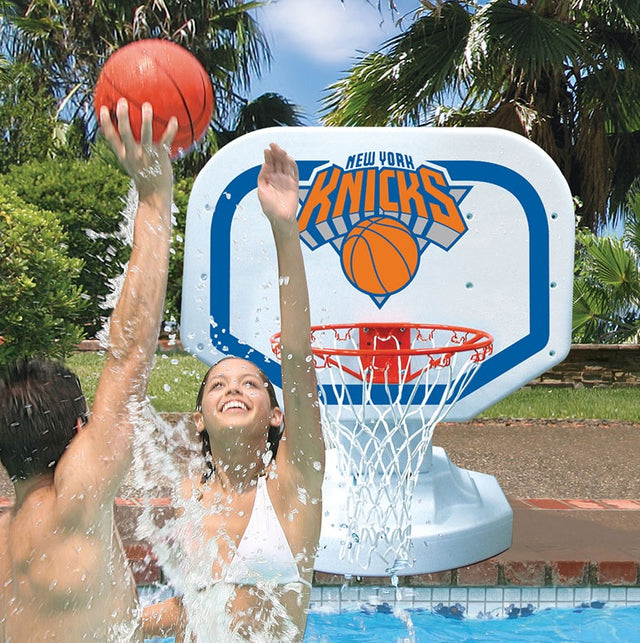 Pool basketball hoop with a New York Knicks logo on it.