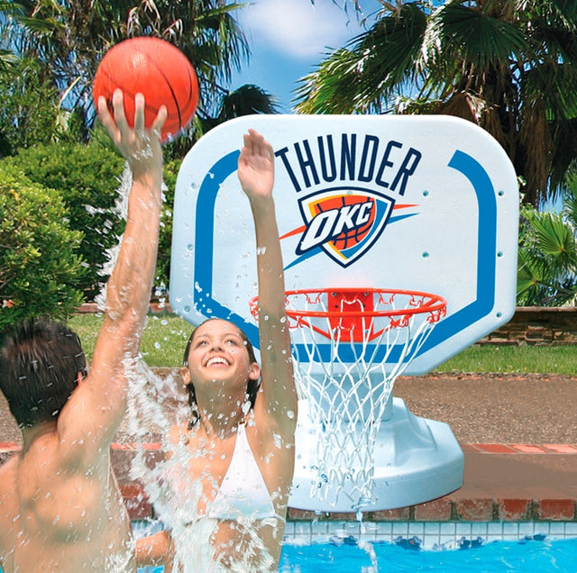 Pool basketball hoop with a Oklahoma City Thunder logo on it.