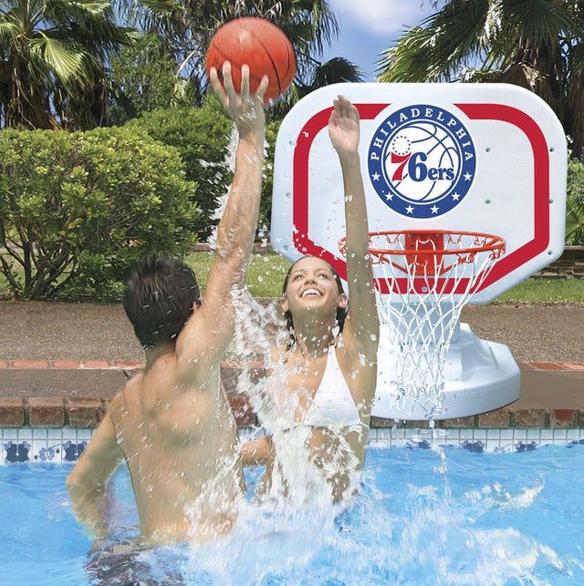 Pool basketball hoop with a Philadelphia 76ers logo on it.