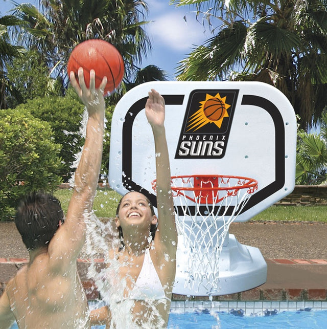 Pool basketball hoop with a Phoenix Suns logo on it.