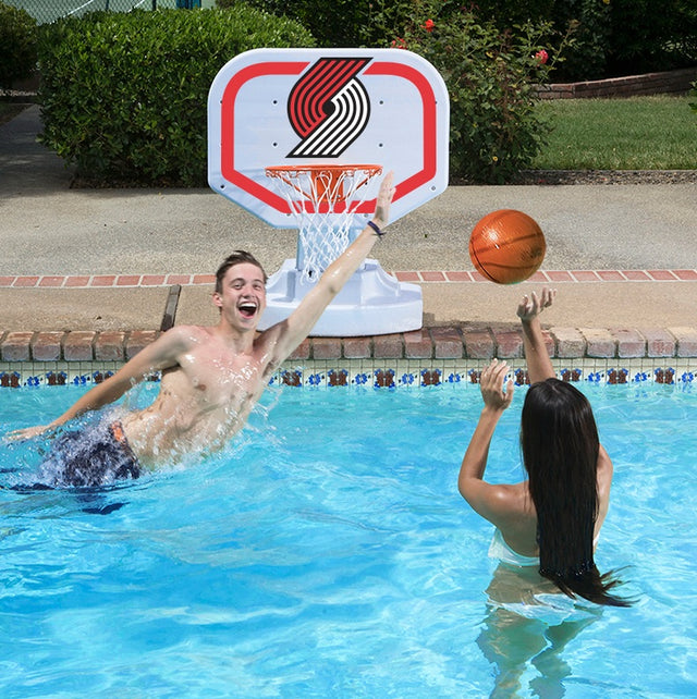 Pool basketball hoop with a Portland Trail Blazers logo on it.