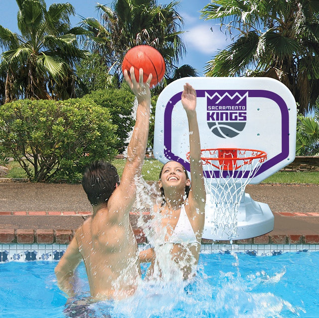 Pool basketball hoop with a Sacramento Kings logo on it.