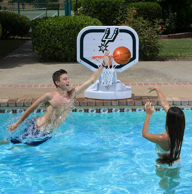 Pool basketball hoop with a San Antonio Spurs logo on it.