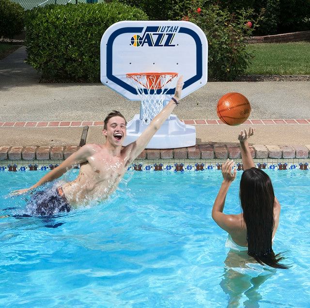 Pool basketball hoop with a Utah Jazz logo on it.