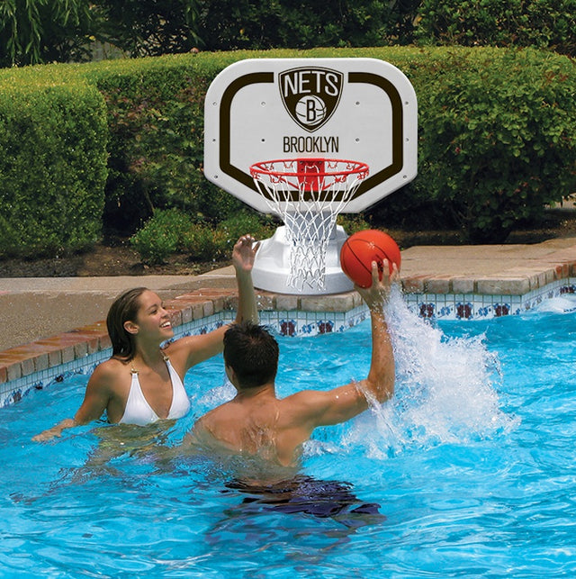 Pool basketball hoop with a Brooklyn Nets logo on it.