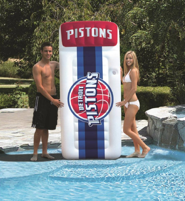 Pool mattress with Detroit Pistons logos on it.